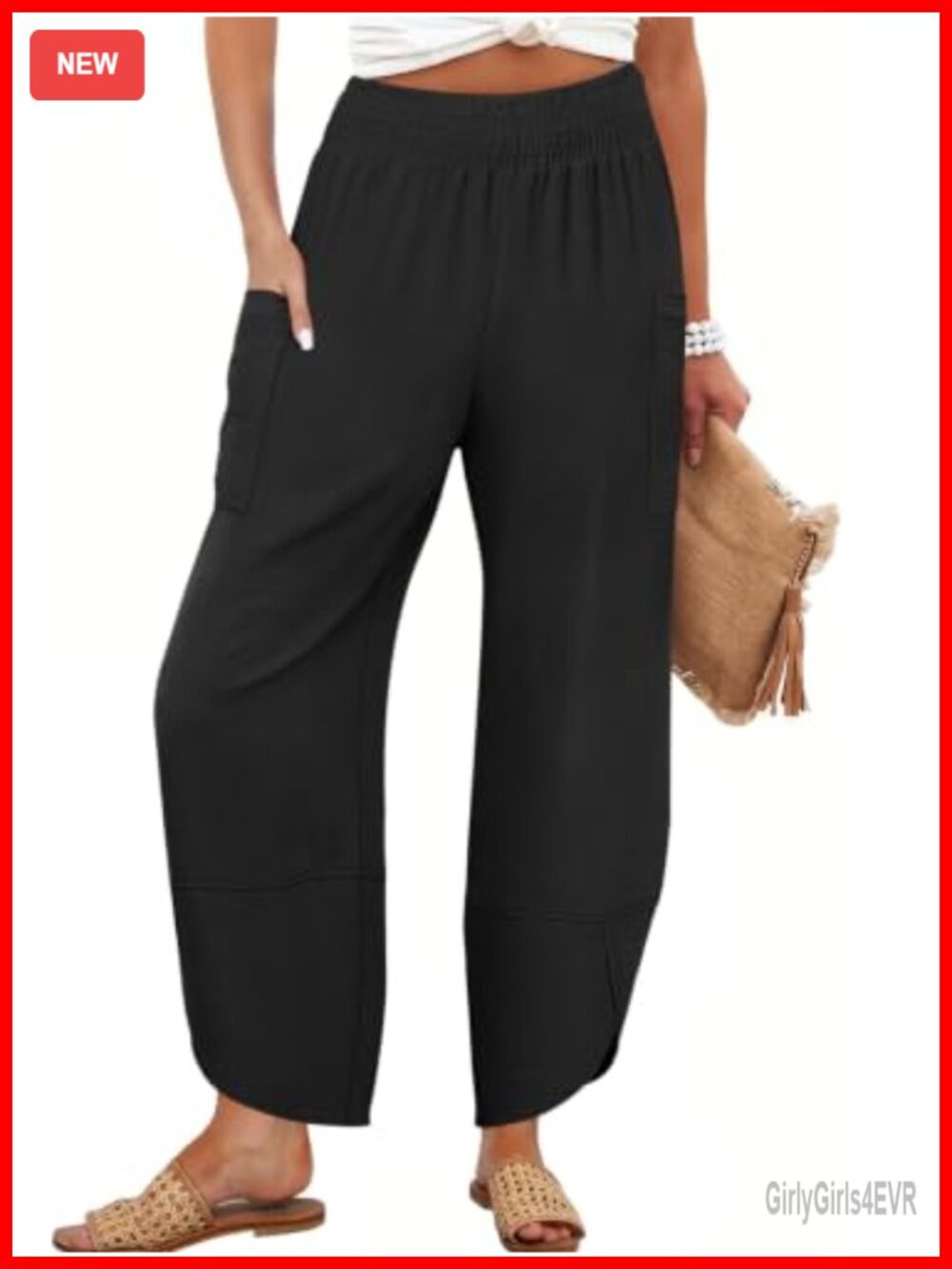 Wide Leg Palazzo Capri Barrel Pants Loose Fit Smocked Elastic Waist Pull On